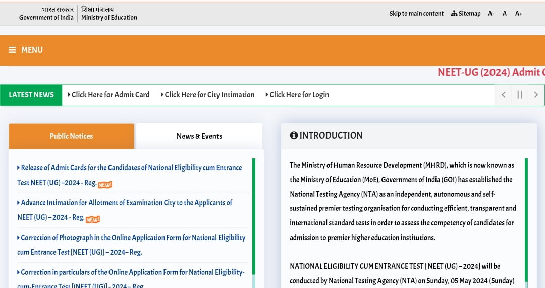 NEET 2024 admit card released neet.nta.nic.in; download link here