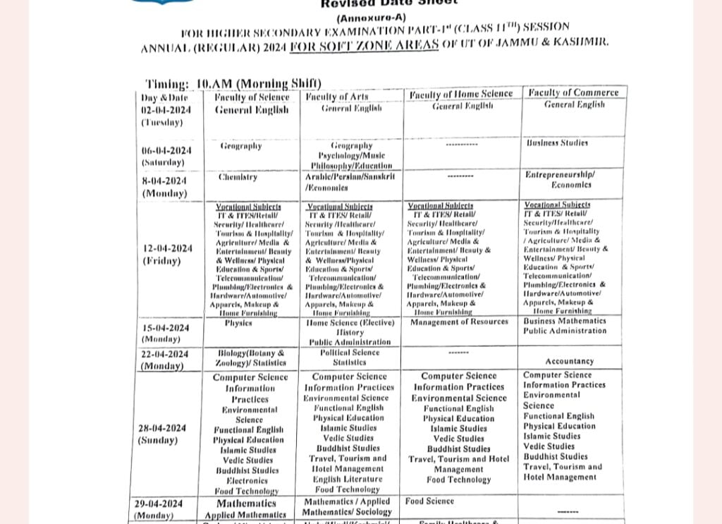 JKBOSE 11th Class Revised Datesheet 2024, Download Here