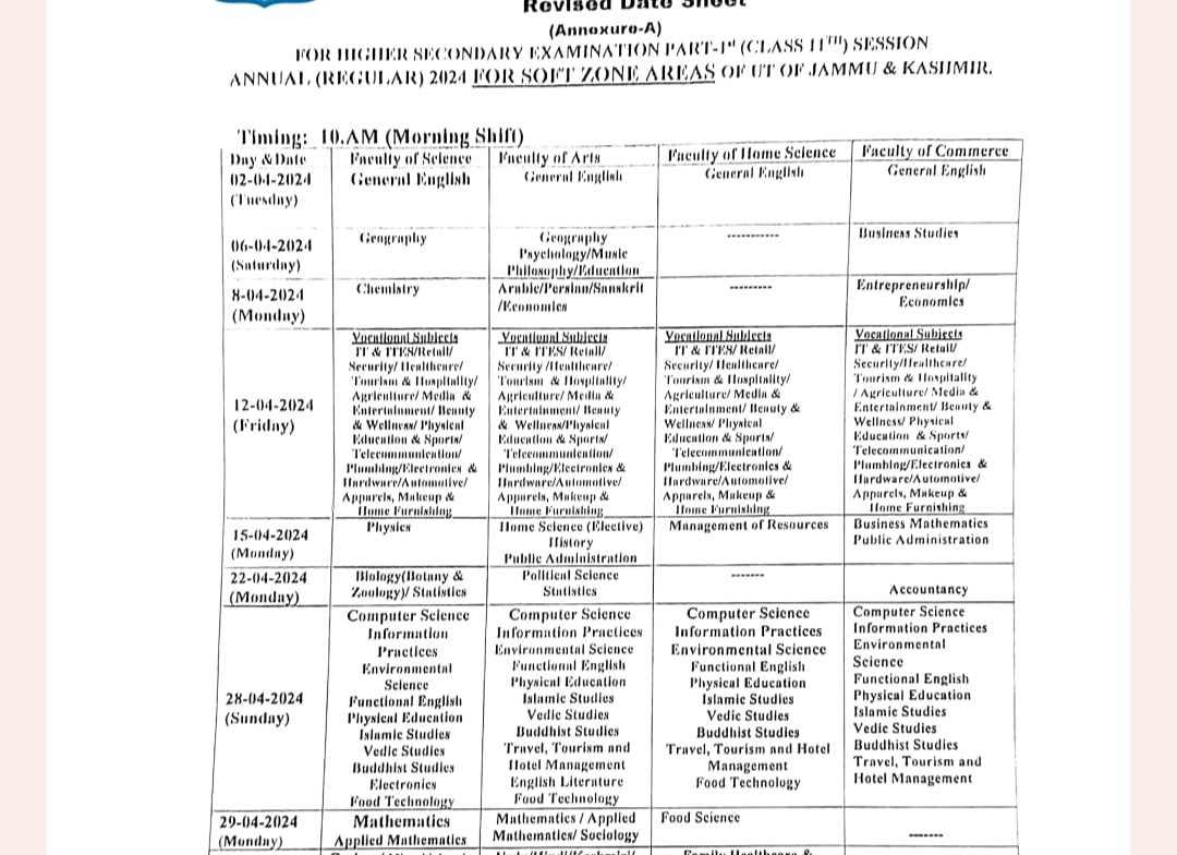 JKBOSE 11th Class Revised Datesheet 2024, Download Here