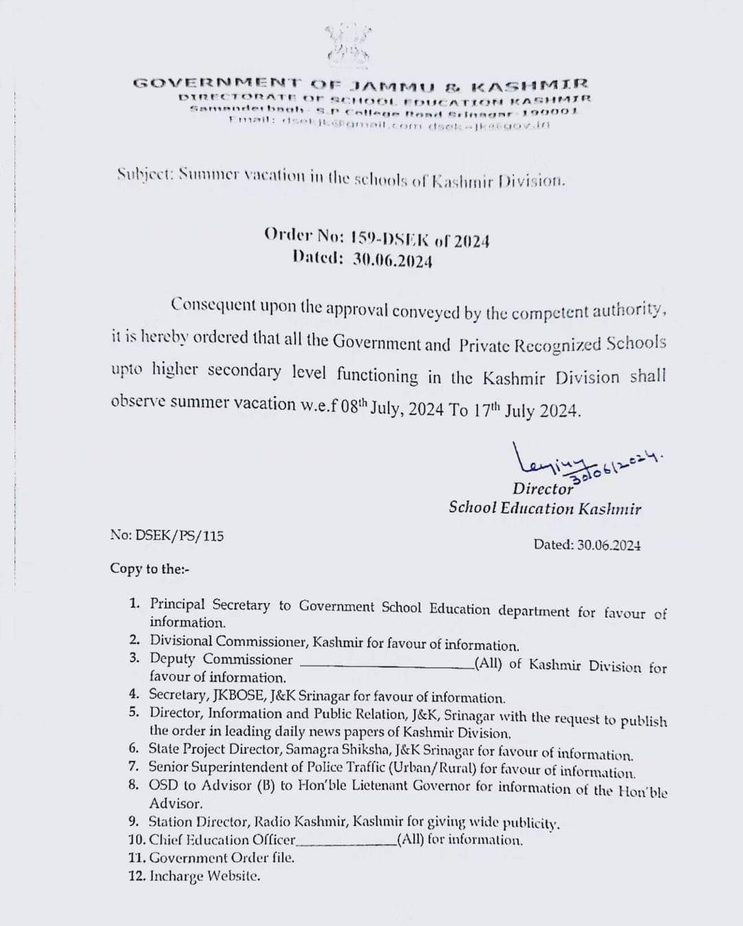 Summer Vacation 2024 for Kashmir Schools Official Notification Download