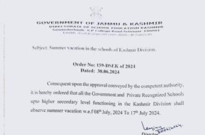 Summer Vacation 2024 for Kashmir Schools Official Notification Download