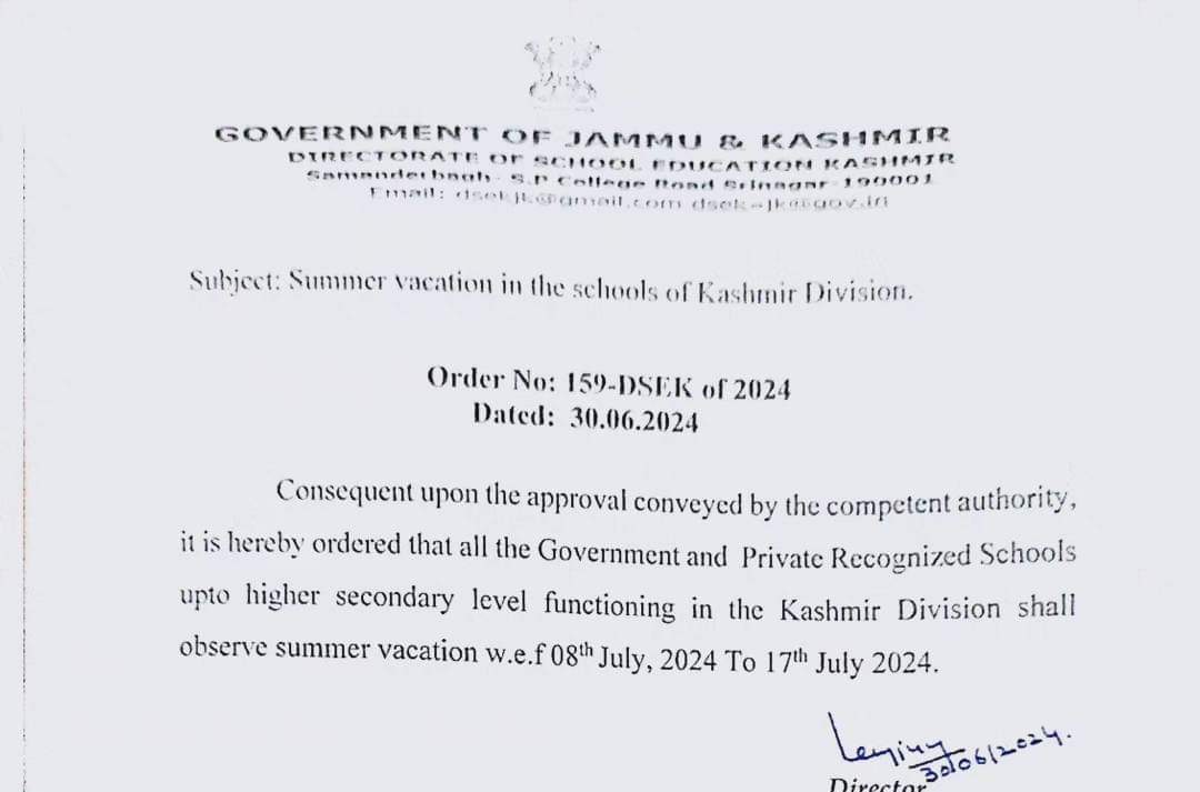 Summer Vacation 2024 for Kashmir Schools Official Notification Download