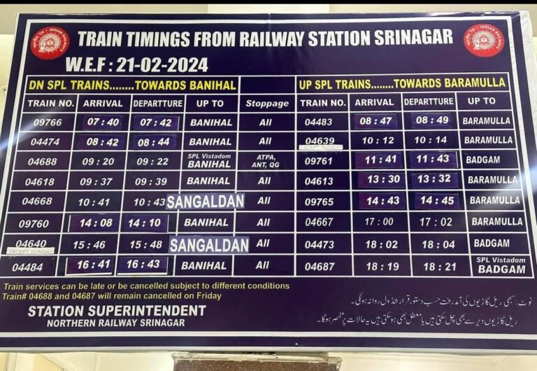 Train Time Table Kashmir 2024, July Month, Sangaldan - Srinagar