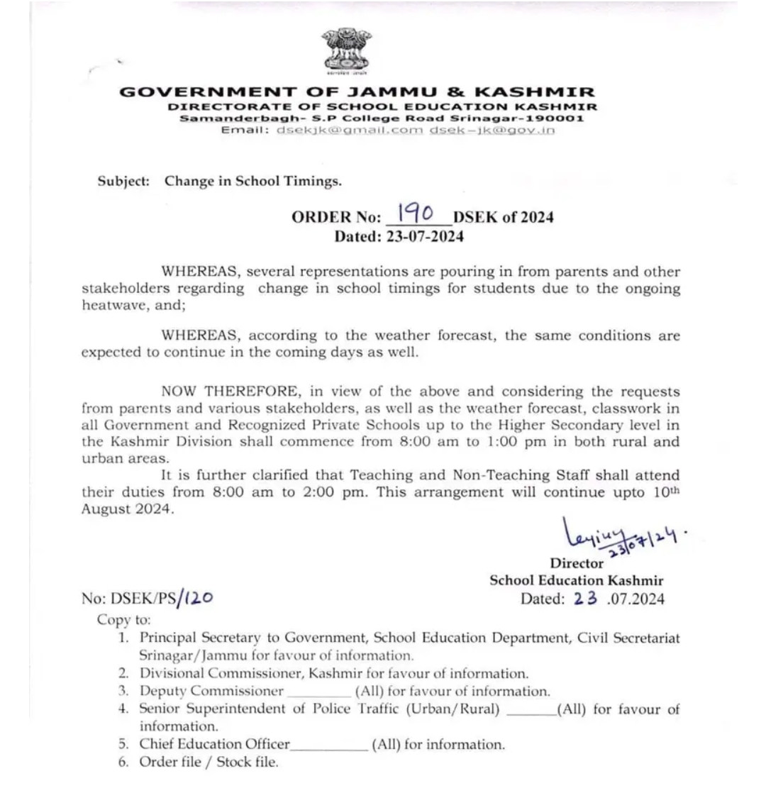 DSEK Orders Change In School Timings In Kashmir- Order Copy Here