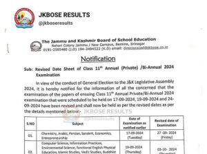 JKBOSE Revised Date Sheet of Class 11th Annual (Private)/Bi-Annual 2024 Examination