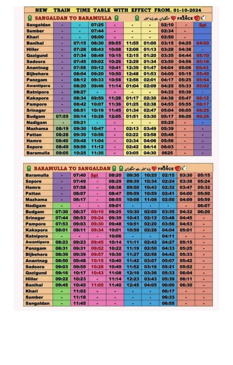 New Train Timing Kashmir 2025: BARAMULLA TO Banihal & Vice Versa