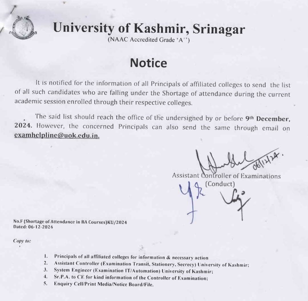 Kashmir University Notice regarding 'shortage of attendance' in Colleges