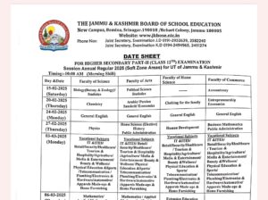JKBOSE 12th Class Datesheet 2025 Released Now, Download Link