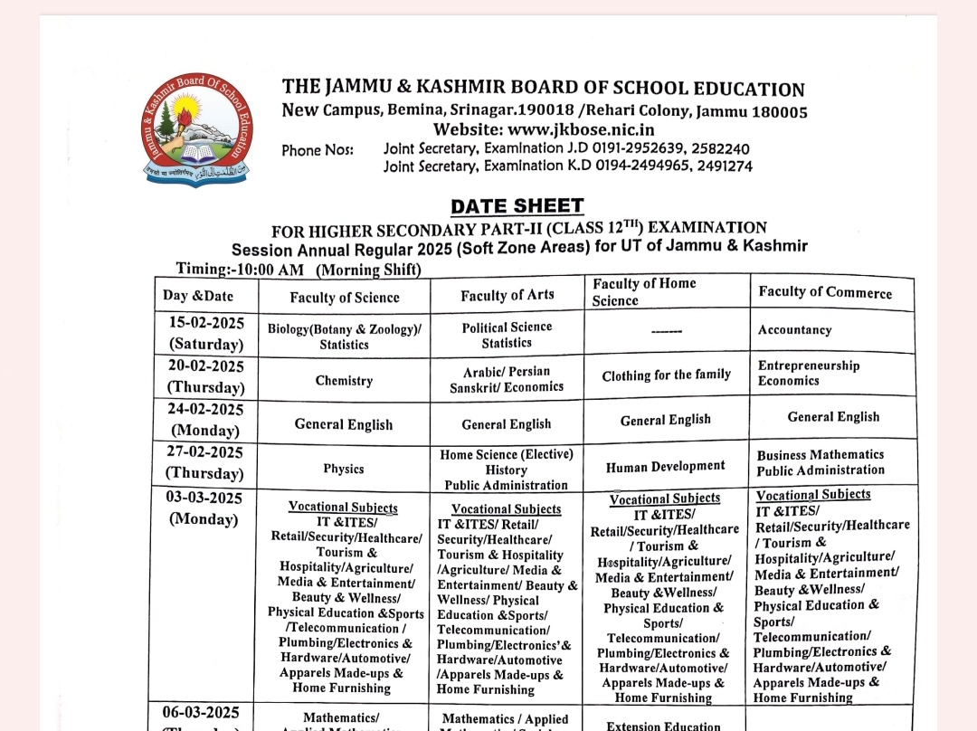 JKBOSE 12th Class Datesheet 2025 Released Now, Download Link