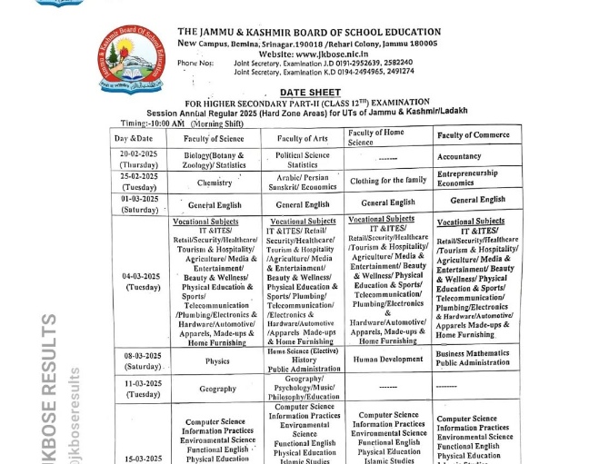 JKBOSE 12th Datesheet 2025 Hard Zone Releasd, Download Now