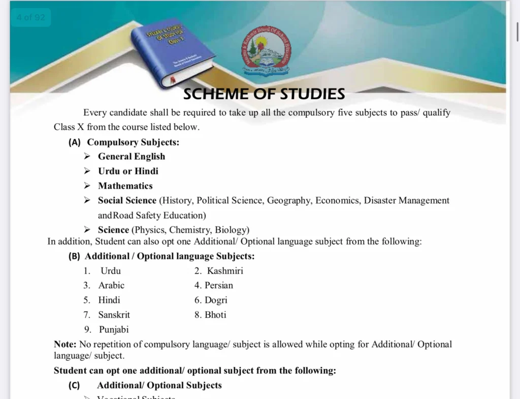 JKBOSE 10th Syllabus 2025 PDF