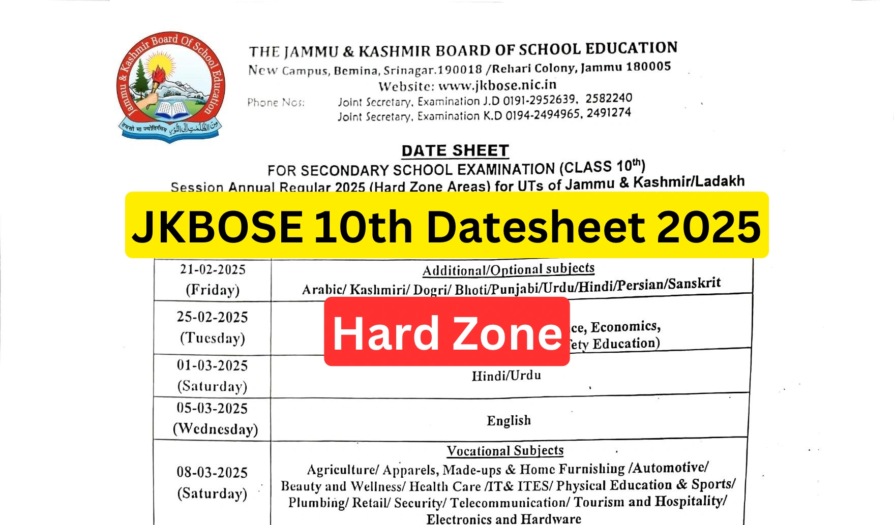 JKBOSE 10th Datesheet 2025 Hard Zone Released, Download Now