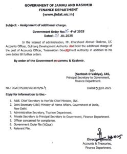 J&K Govt Assigns Additional Charge to Accounts Officer