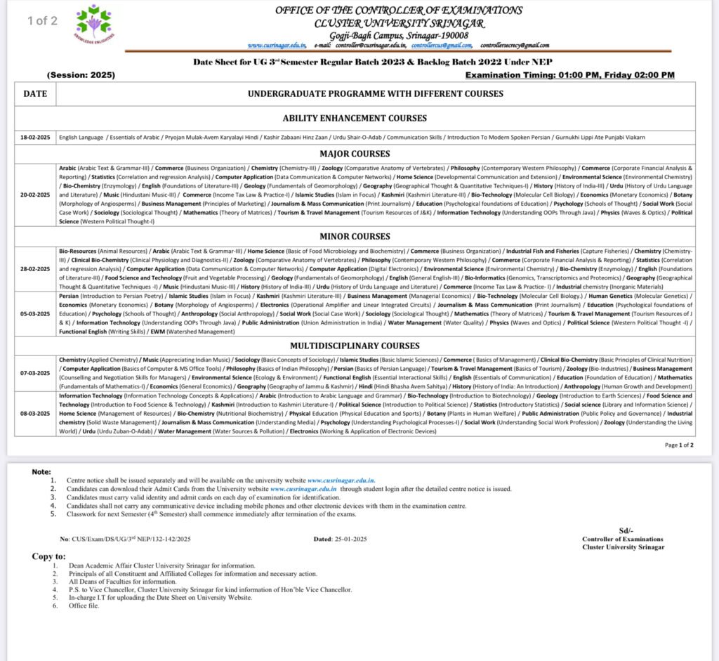 Cluster University Srinagar Date Sheet UG 3rd Semester Regular Batch 2023 & Backlog Batch-2022