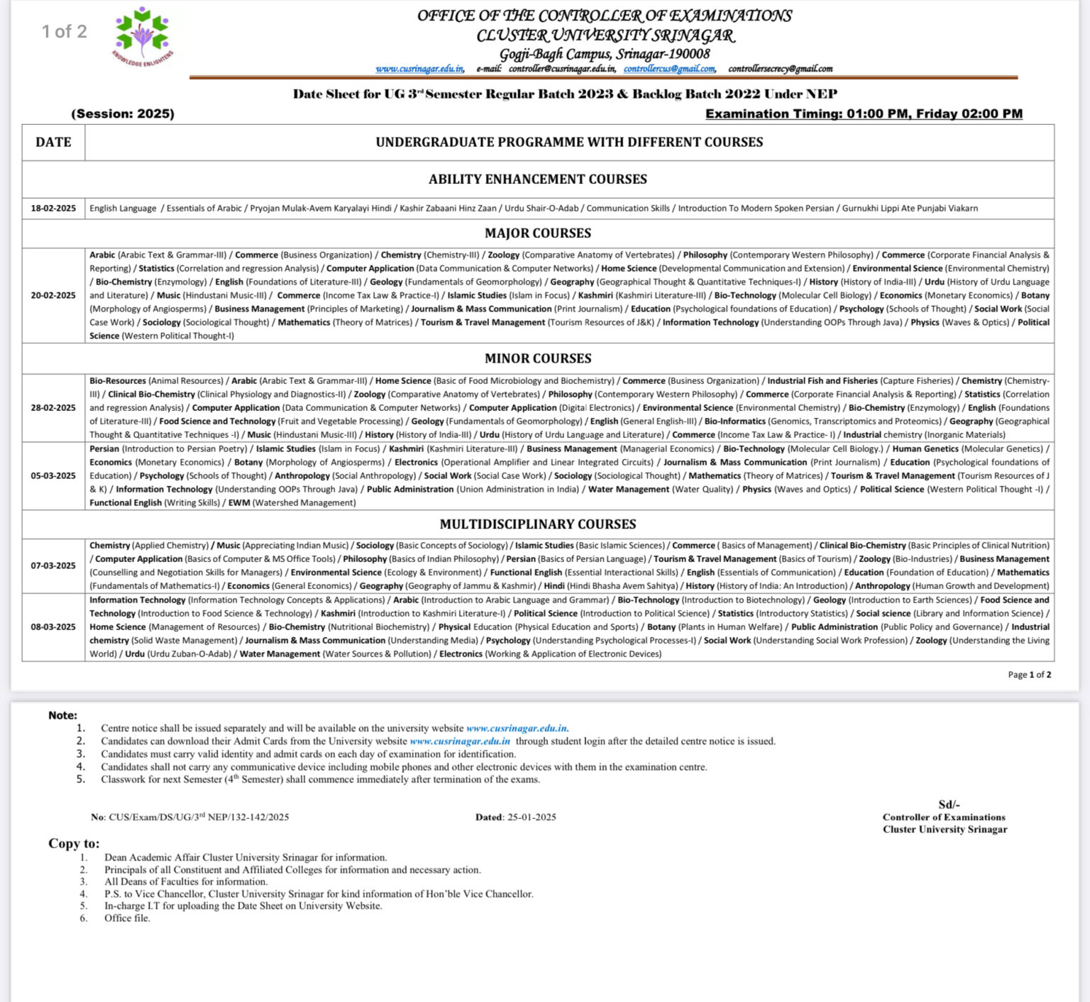 Cluster University Srinagar Date Sheet UG 3rd Semester Regular Batch 2023 & Backlog Batch-2022