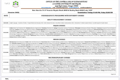 Cluster University Srinagar Date Sheet UG 3rd Semester Regular Batch 2023 & Backlog Batch-2022