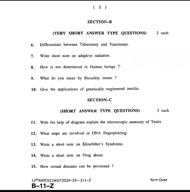 JKBOSE today Question Paper Class 10th & 12th Zoology & Political Science