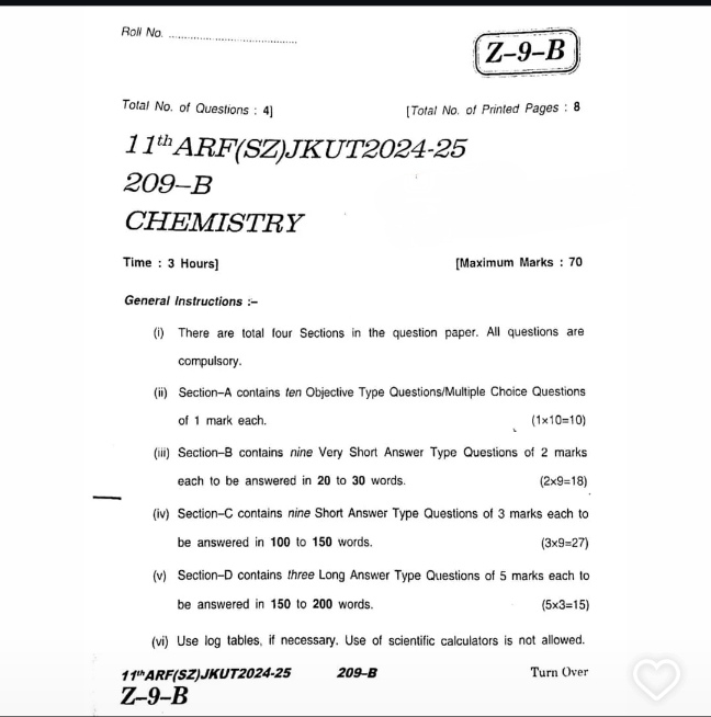 JKBOSE 11th Question Paper Today: Chemistry Paper Download Session 2024-25