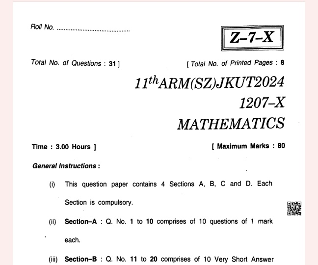 JKBOSE 11th Mathematics Previous Paper & Guess Paper 2024-25