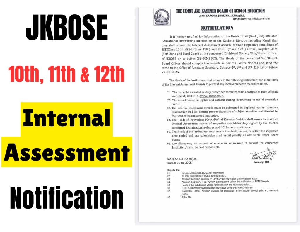 JKBOSE Internal Assessment Notification for 10th , 11th and 12th Classes