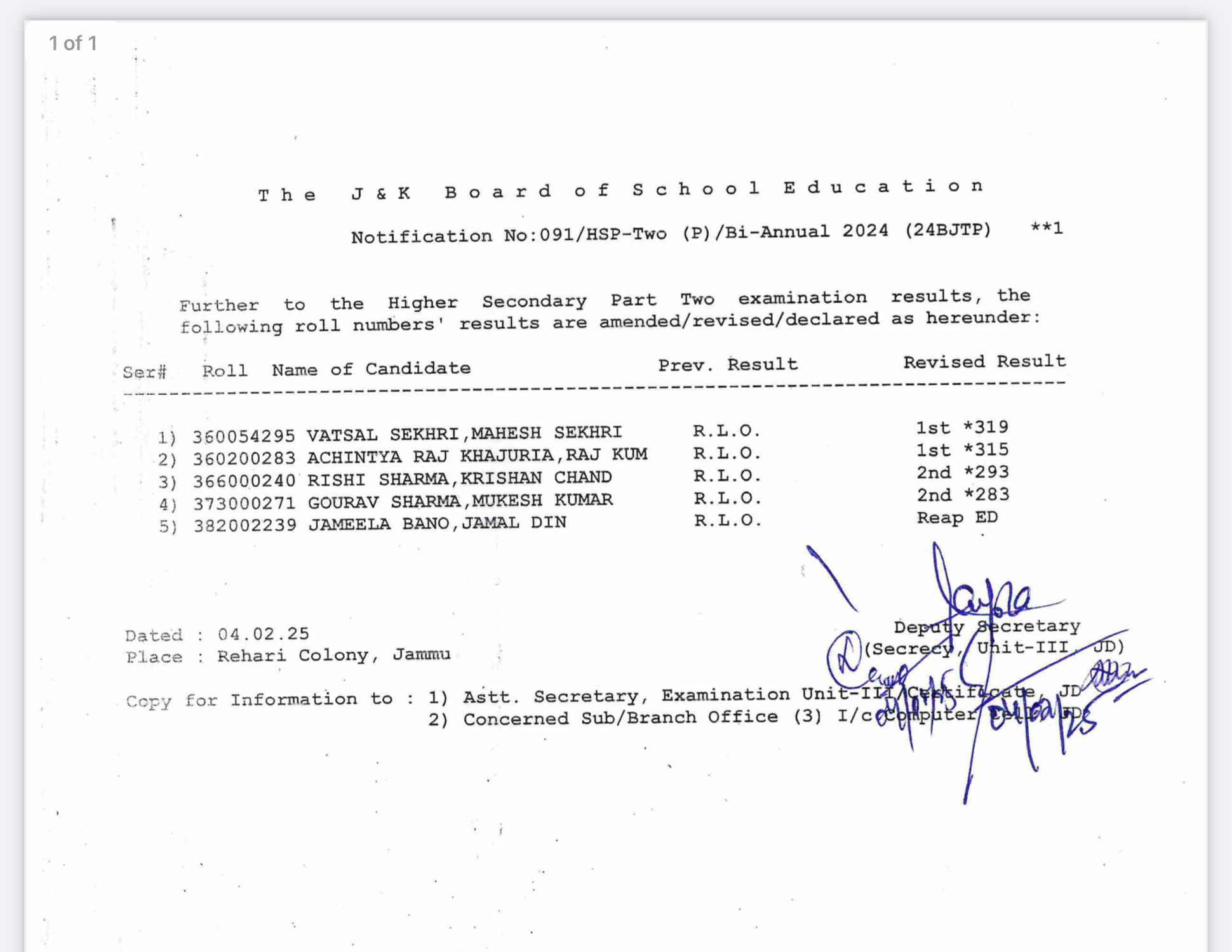 Re-Evaluation Result Notification For 11th & 12th (P)/Bi-Annual 2024