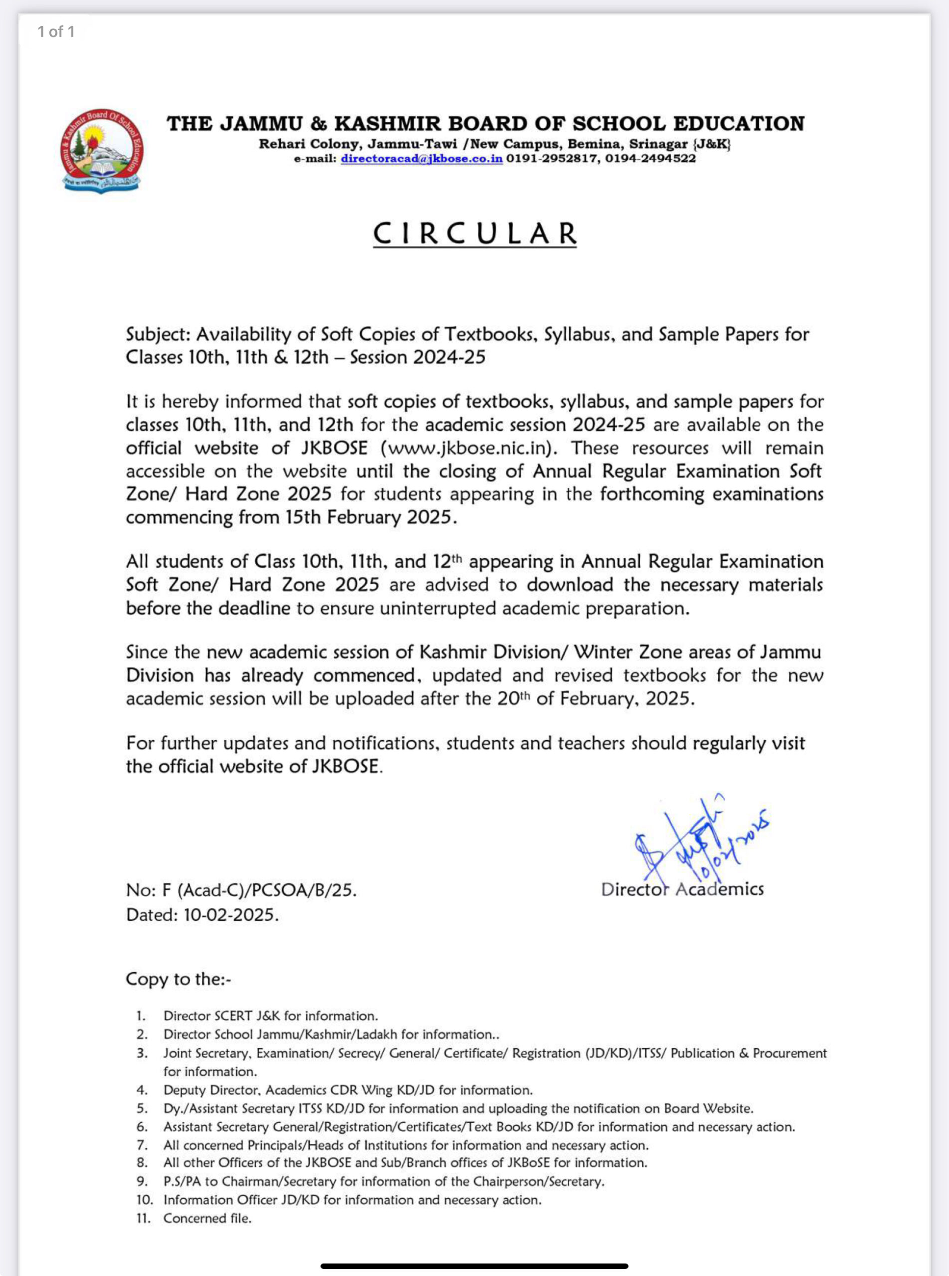 Circular Issued on Availability of Soft Copies of Textbooks, Syllabus & Sample Papers for Classes 10th, 11th & 12th (Session 2024-2025)