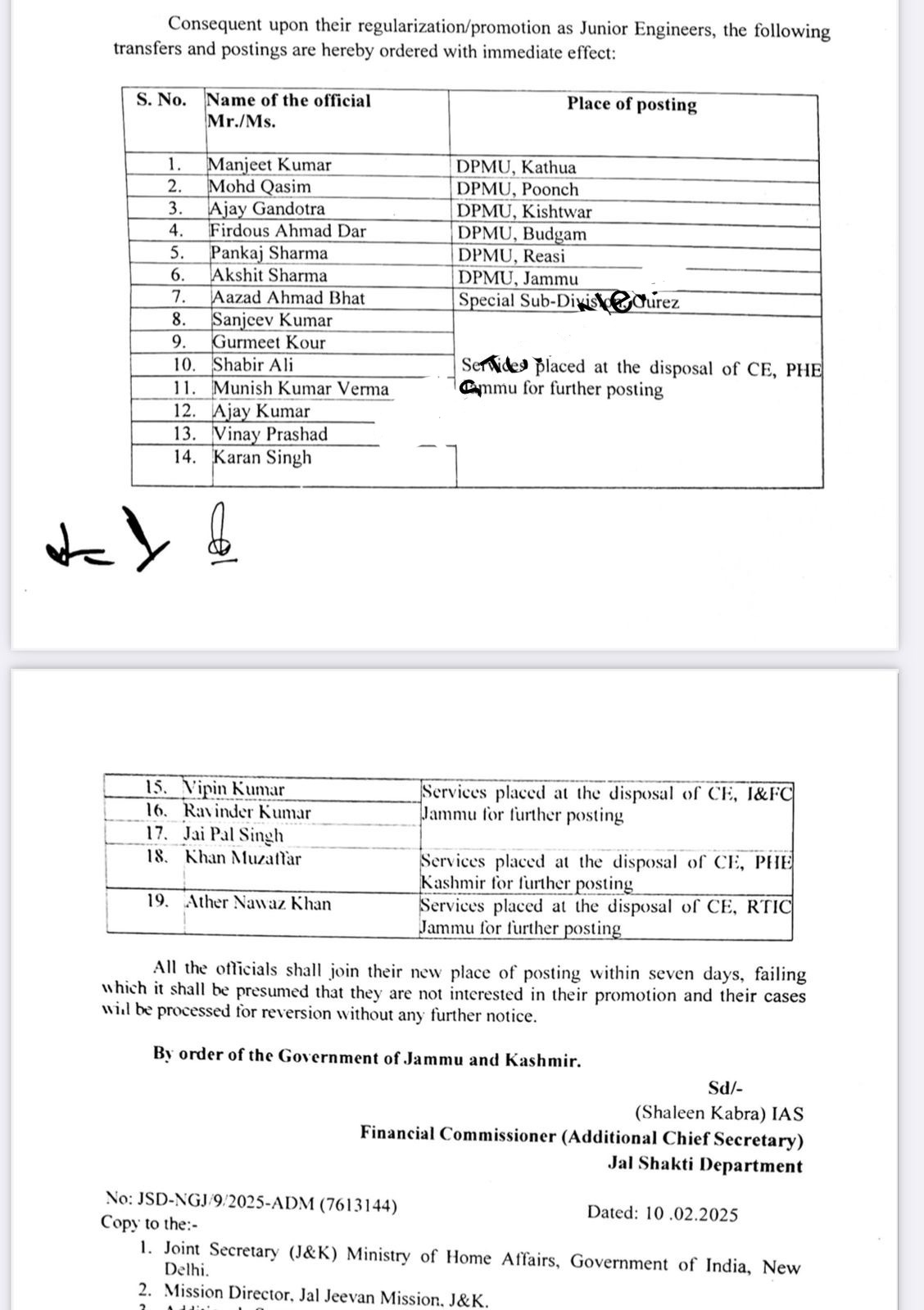 J&K Govt orders transfers and postings of Engineers