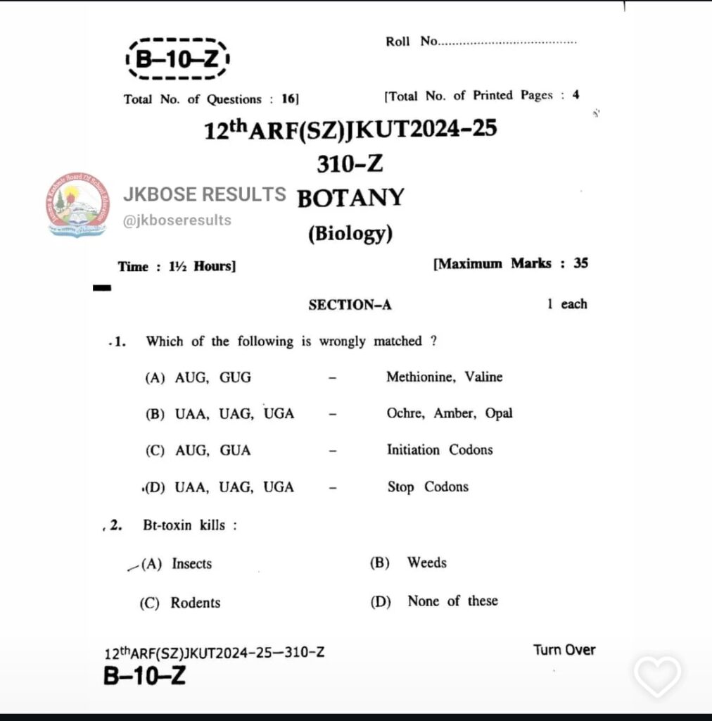 JKBOSE Today's Botany Question Paper Class 12 Session 2024-25