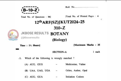 JKBOSE Today's Botany Question Paper Class 12 Session 2024-25