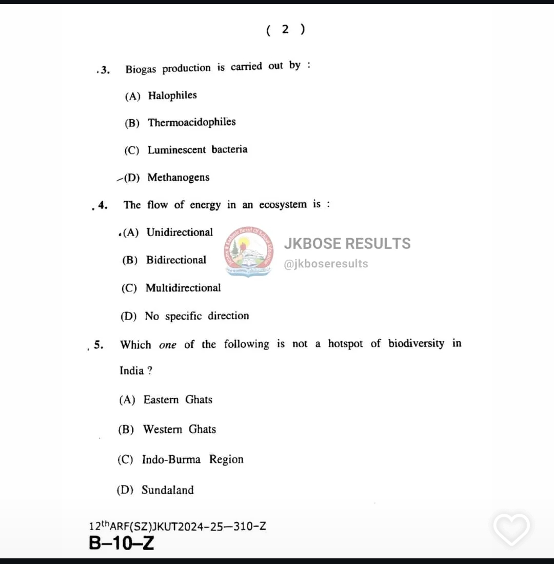 JKBOSE Today's Botany Question Paper Class 12 Session 2024-25