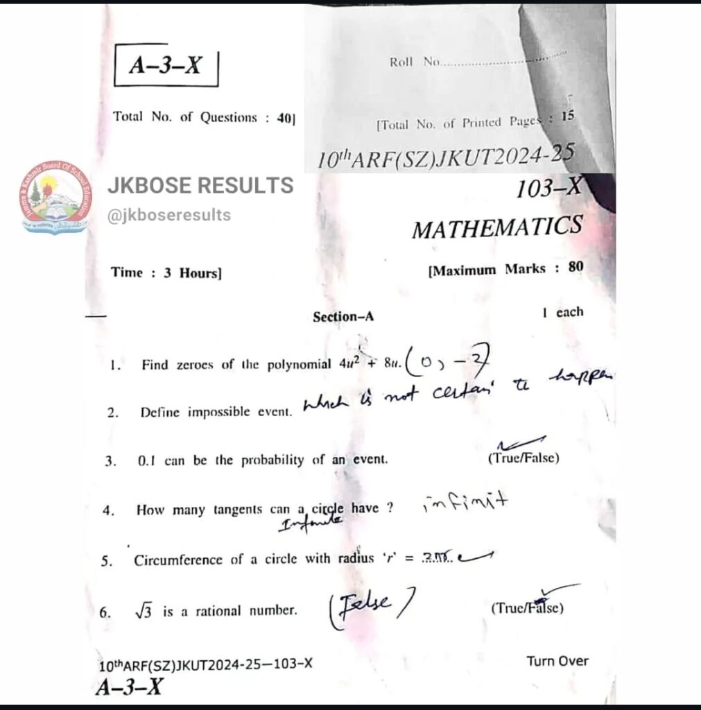 JKBOSE 10th Maths Paper Today, Download Here