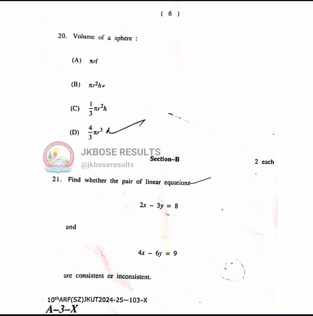 JKBOSE 10th Maths Paper Today, Download Here