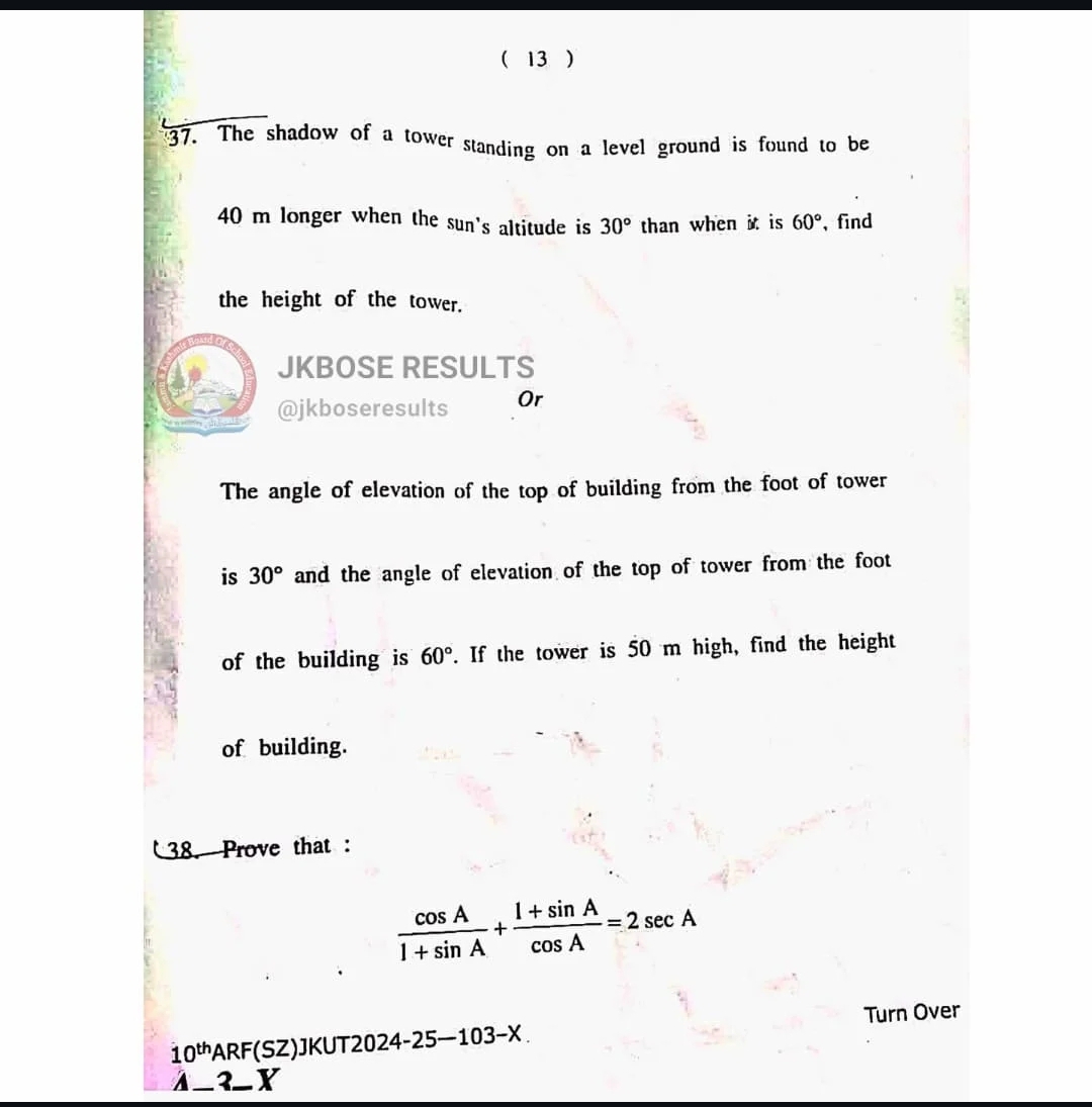 JKBOSE 10th Maths Paper Today, Download Here