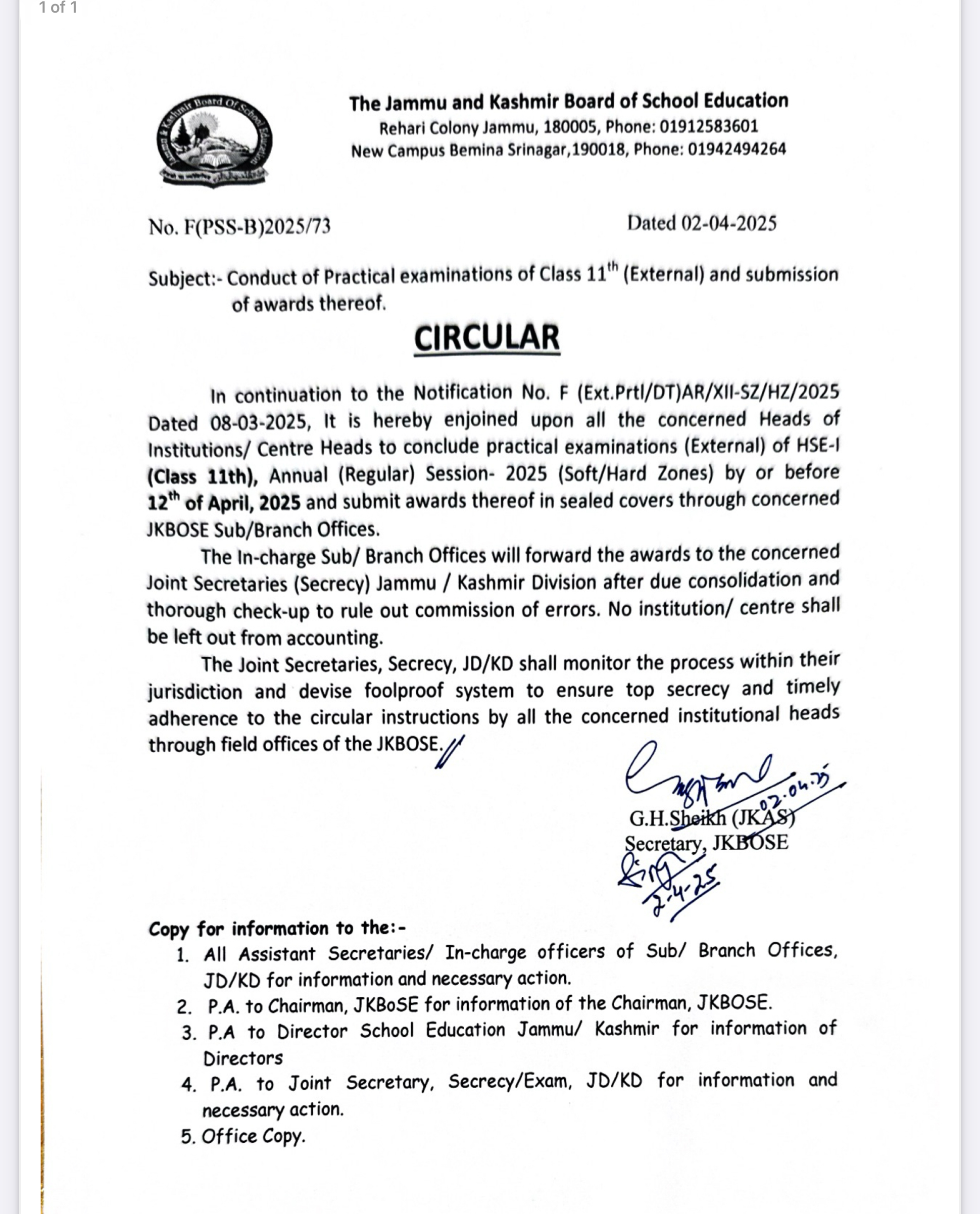 Practical Examinations of Class 11th (External) and Submission of awards thereof