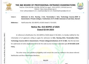 JKBOPEE BSc Nursing Admission 2025 BSc Paramedical, BSc Technology Notice Released