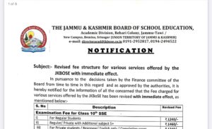 JKBOSE Revised fee structure