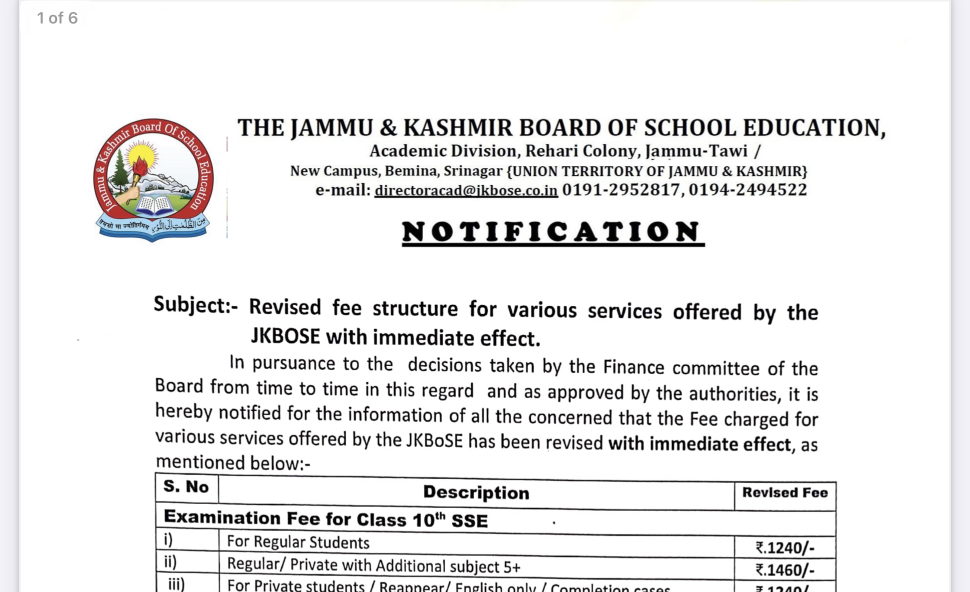 JKBOSE Revised fee structure