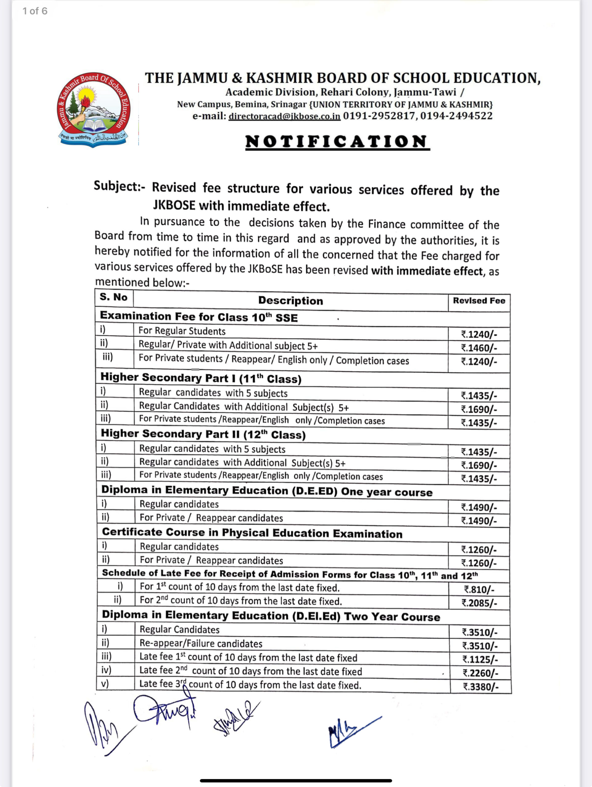 JKBOSE Revised fee structure