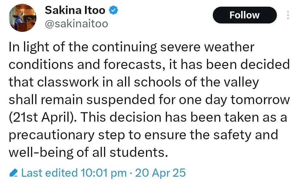 All Schools in Kashmir Closed Tomorrow Amid Severe Weather: Govt