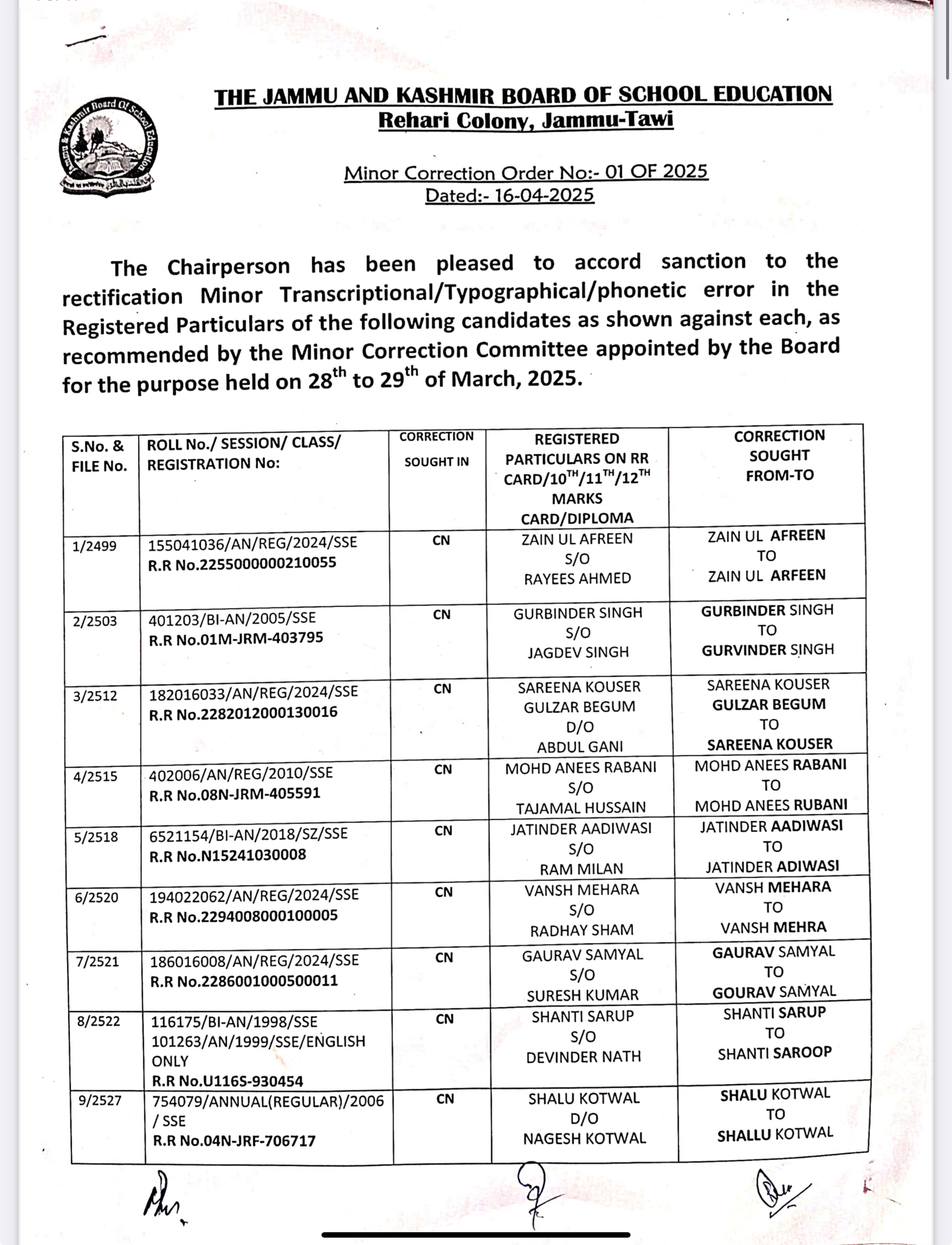Minor Correction Order No:01 of 2025, Dated:- 16-04-2025