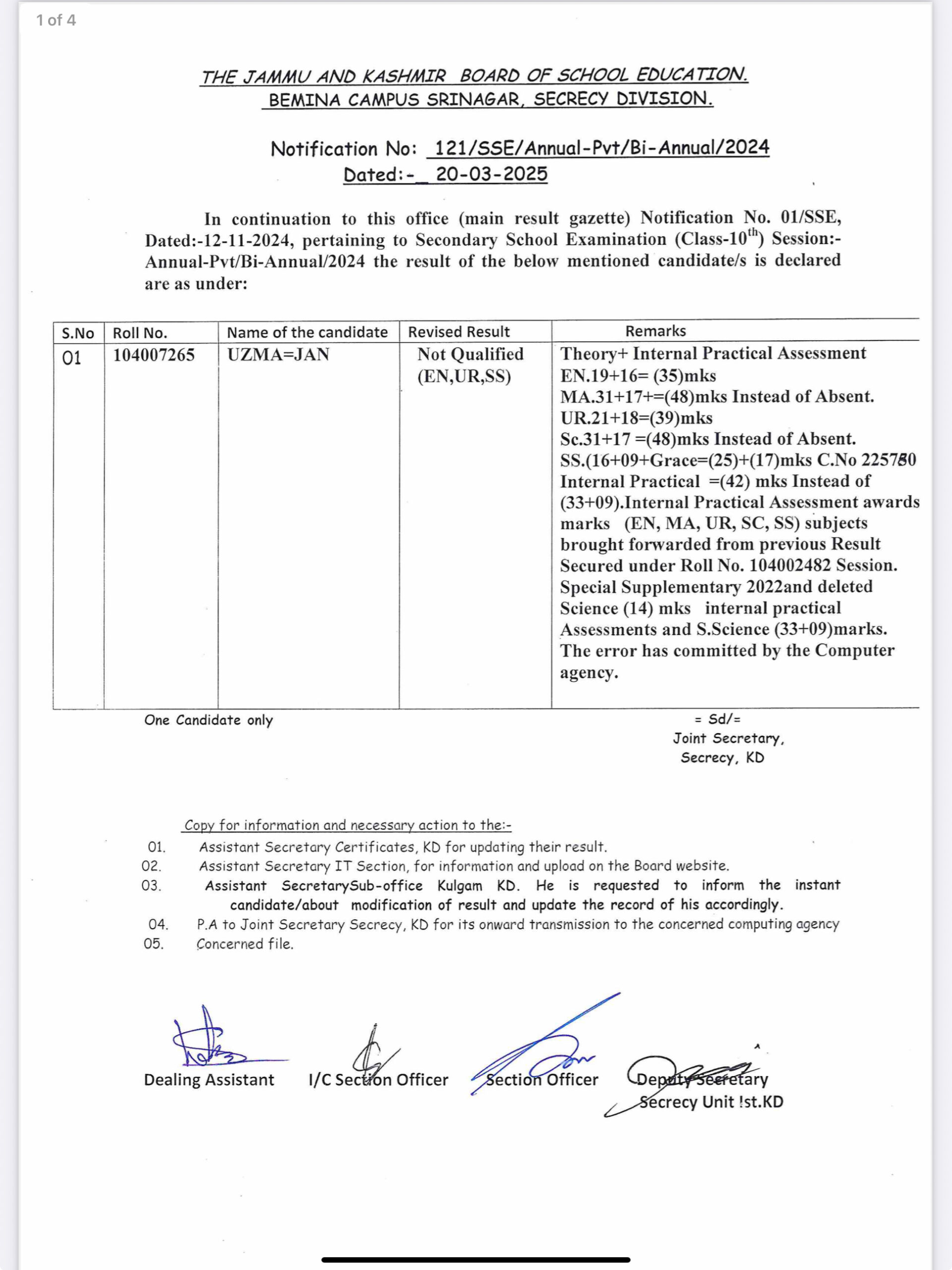 JKBOSE Notification No.121 Dated: 20-03-2025, 131 Dated: 03-03-2025, 132 Dated:17-03-2025, 133 Dated:26-03-2025 of SSE(Class 10th)Annual-Pvt/Bi-Annual 2024