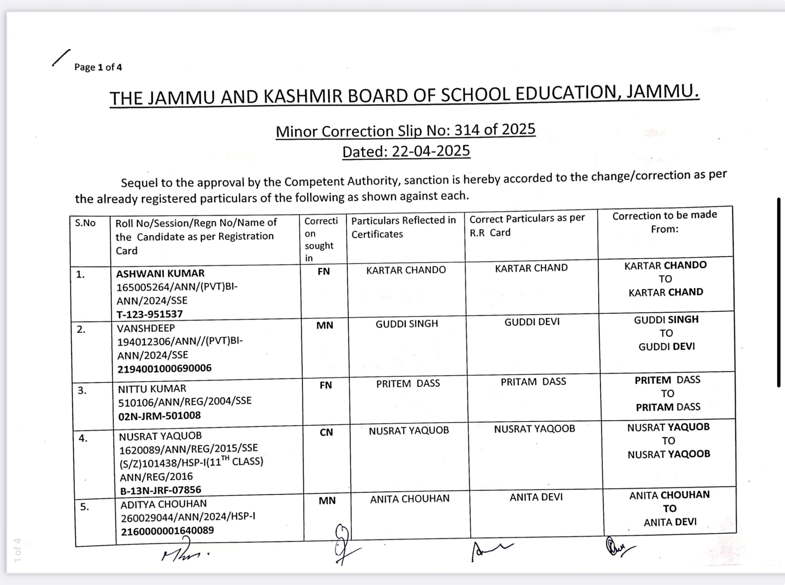 JKBOSE Minor Correction Slip No. 314 of 2025 Dated: 23.04.2025