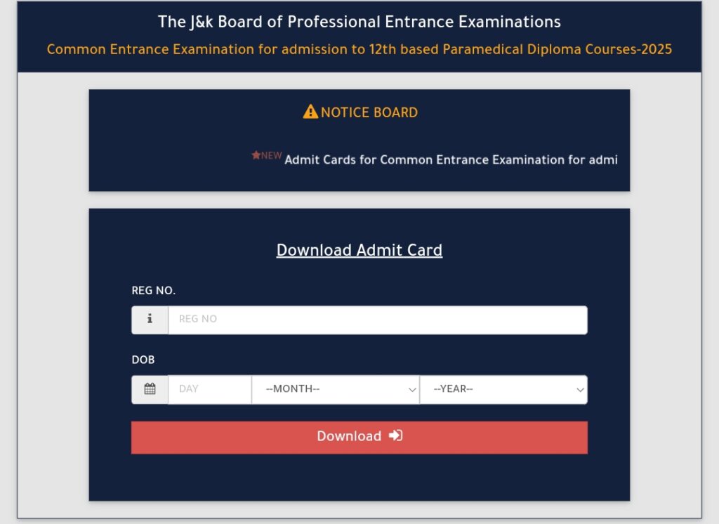 JKBOPEE CET Admit Card 2025 Download Link