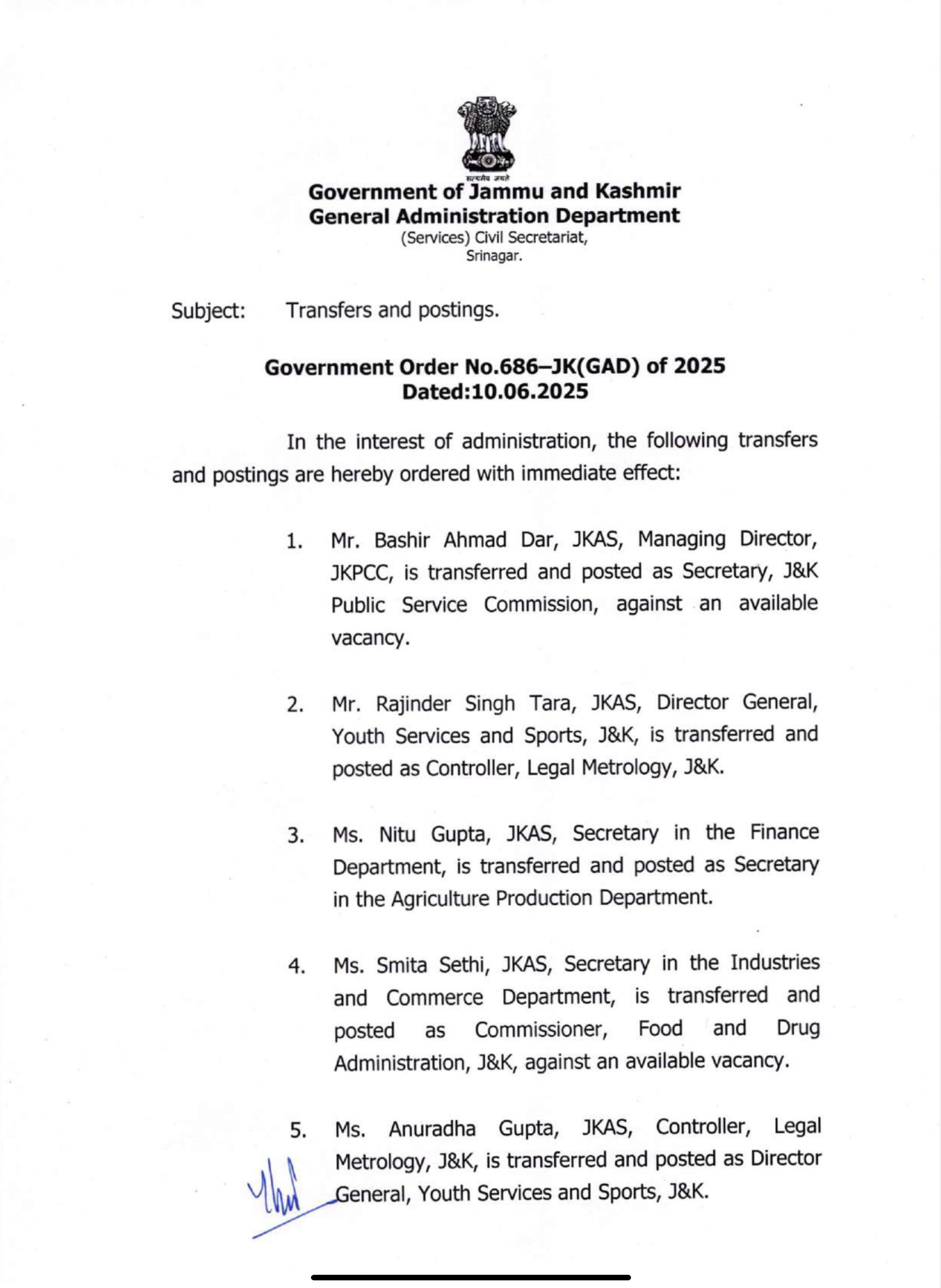 Transfers and Postings Of 134 JKAS Officers