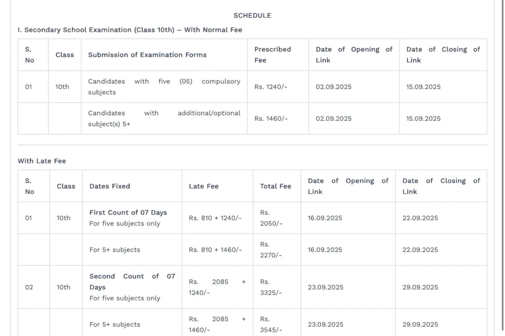 Online Examination Forms for Class 10th Annual (Regular) Session Oct–Nov 2025