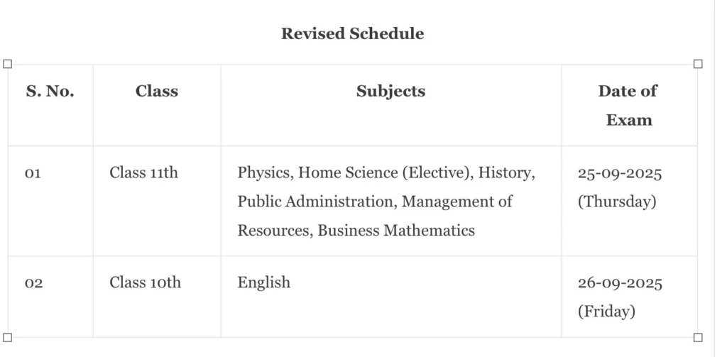 Class 10th and Class 11th Revised Date Sheet of postponed papers Annual (Private)/Bi-Annual 2025 Examination