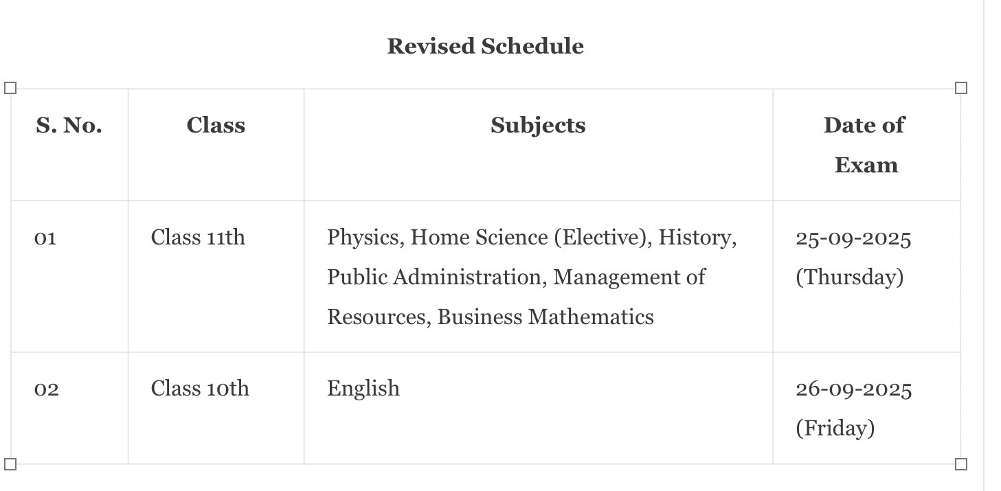 Class 10th and Class 11th Revised Date Sheet of postponed papers Annual (Private)/Bi-Annual 2025 Examination