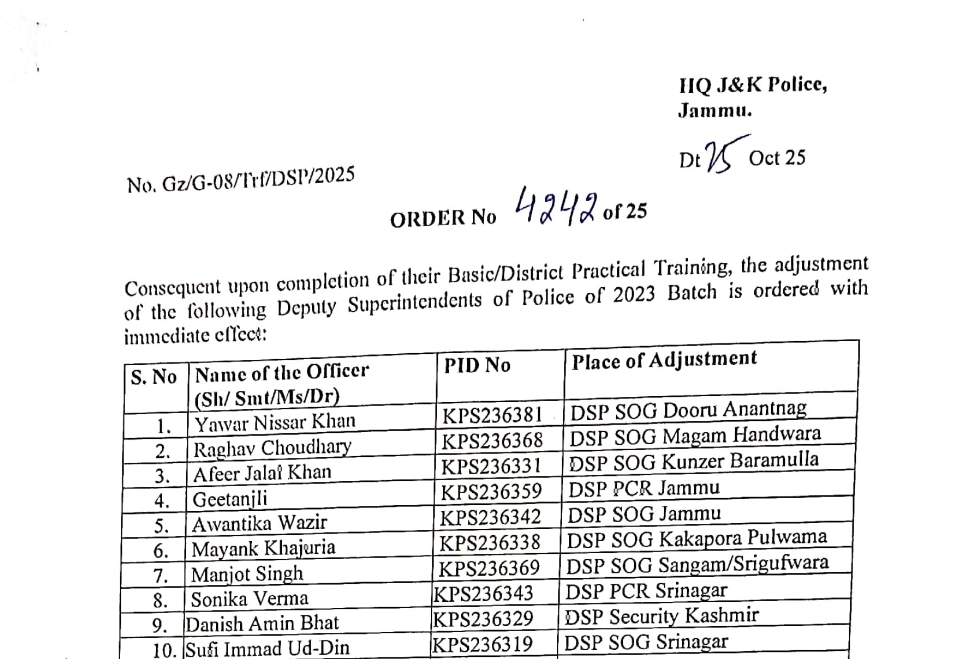 DGP J&K Police orders transfers and postings of 117 DySPs