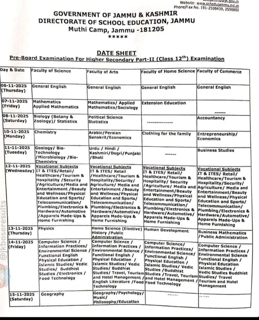 JKBOSE Announces Class 12th Pre-Board Exam Datesheet 2025