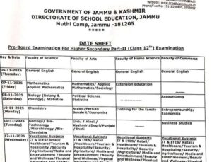 JKBOSE Announces Class 12th Pre-Board Exam Datesheet 2025